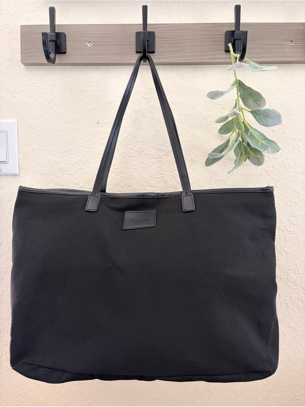 Black Canvas MinimalistTote Bag with Leather Handles by Cleobella